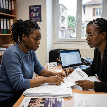 Legal adviser helps a woman review documents at an office desk