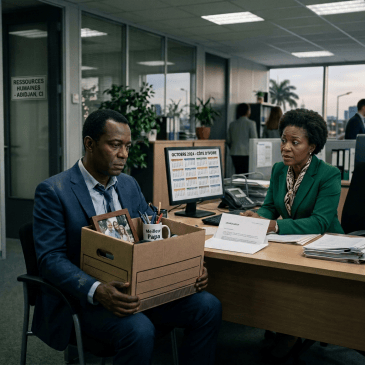 Man holding belongings box beside HR desk labeled “RESSOURCES HUMAINES”